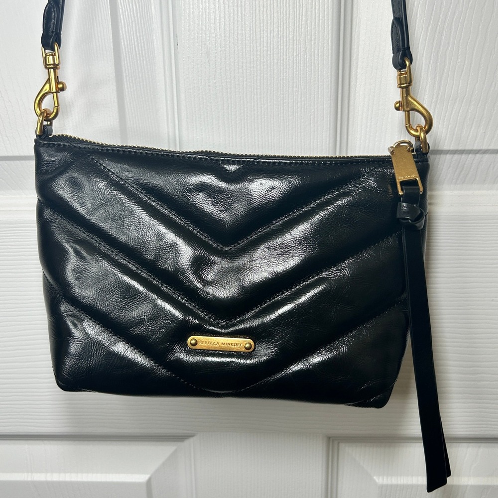 Rebecca Minkoff‎ Edie Black Leather Quilted Chevron Crossbody Bag Gold Hardware
